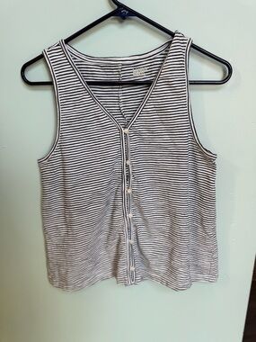 Lands' End Black & White Striped V-Neck Button Tank